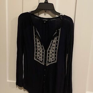 Lucky Brand Navy Embroidered Blouse